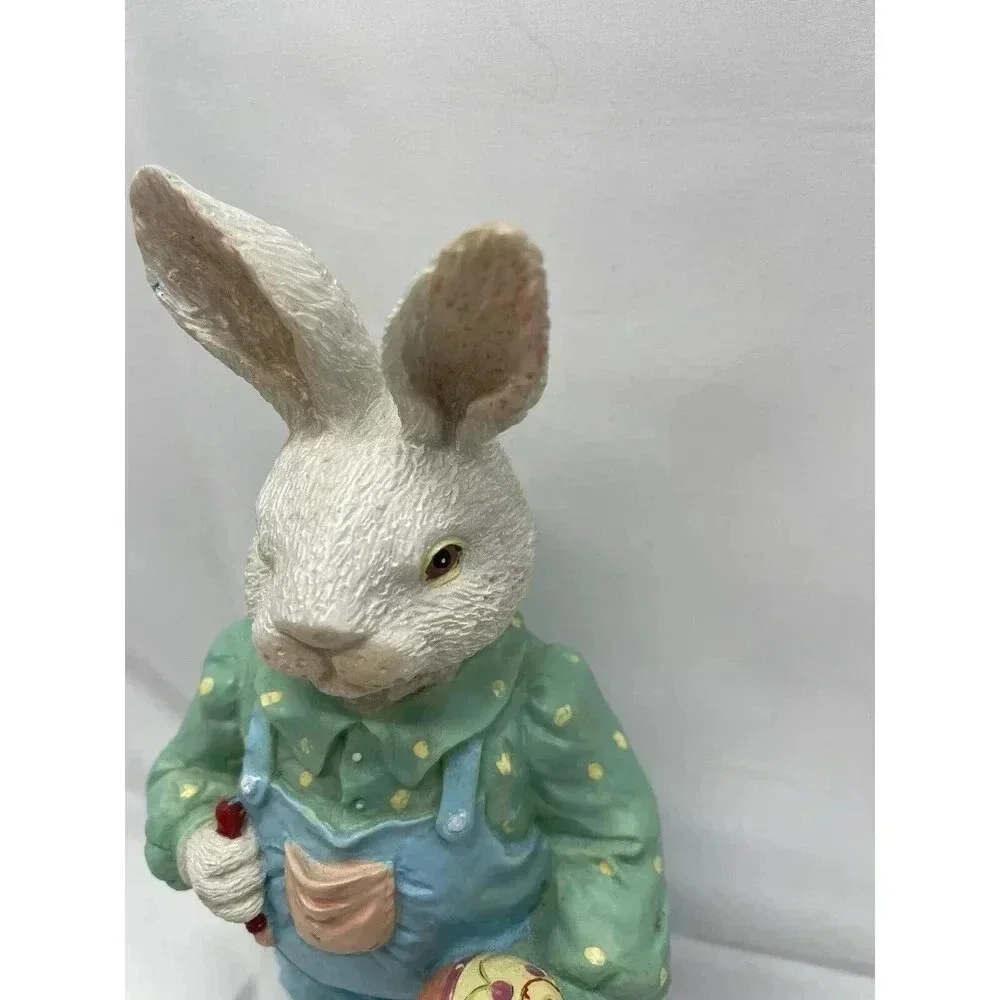 Vintage Bunny Rabbit Figurine Painting Egg Blue Overalls Easter Spring